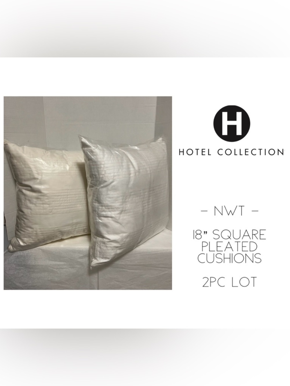 🆕HOTEL COLLECTION - NWT - 2PC LOT - 18” SQUARE PLEATED CREAM CUSHION / PILLOW